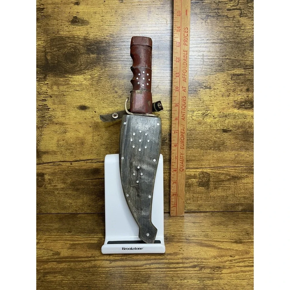 Vtg Handmade Fixed Blade Knife‎ Wood Handle Leather Sheath Rustic Hunting